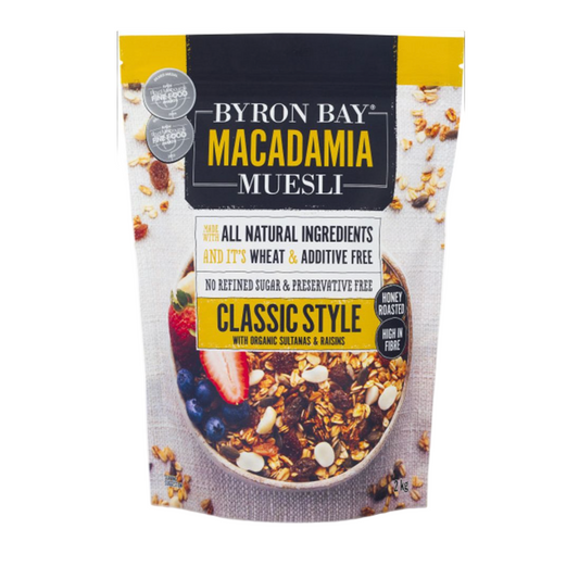 Byron Bay Macadamia Muesli package on a white background