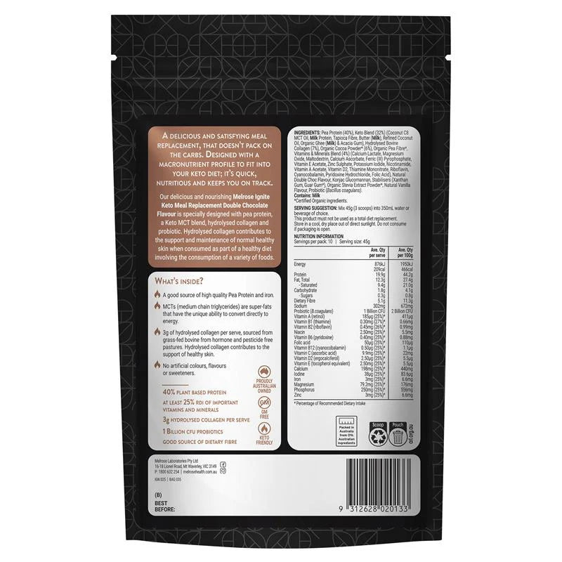 Ignite Keto Meal Replacement Double Chocolate 450g back