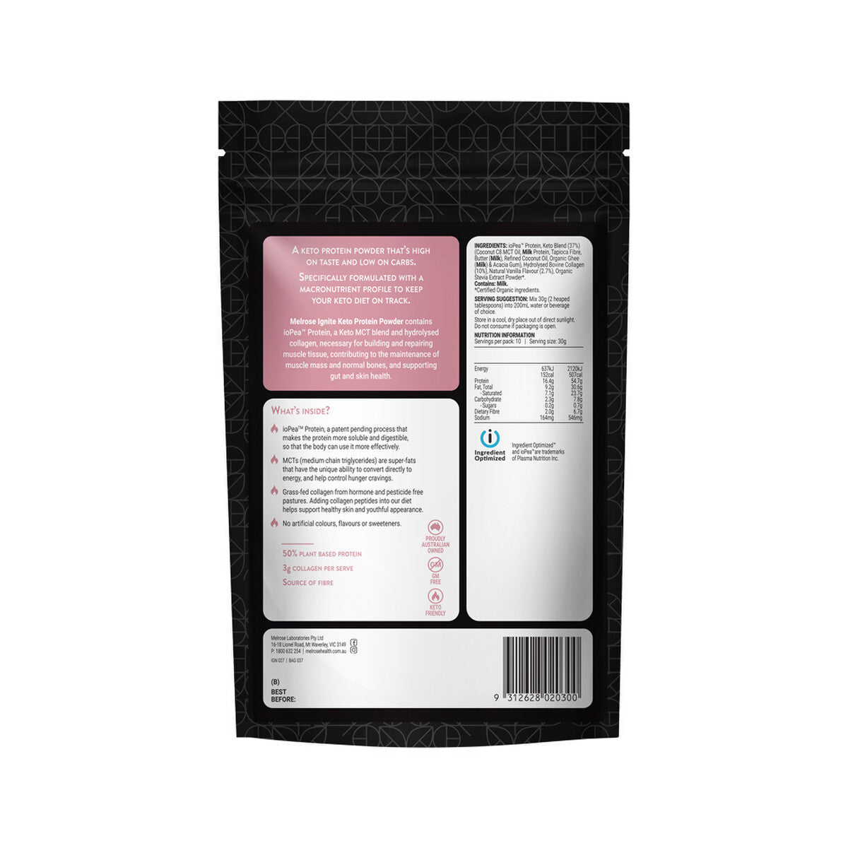 Ignite Keto Protein Powder Creamy Vanilla 300g back