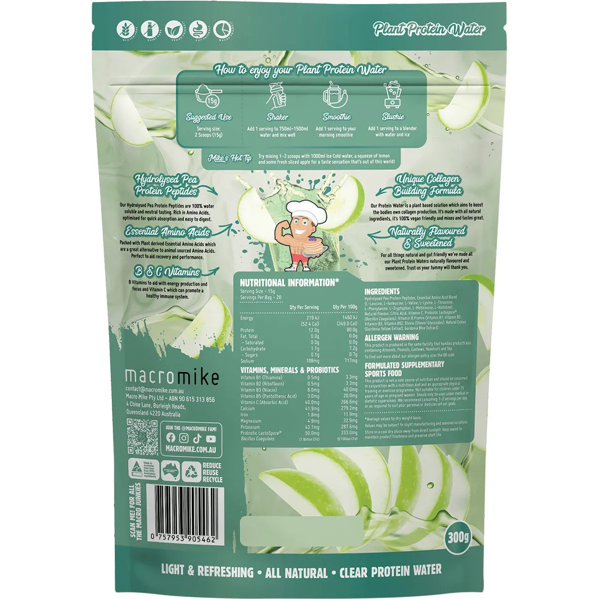 macro mike Plant Protein Water Green Apple 300g back