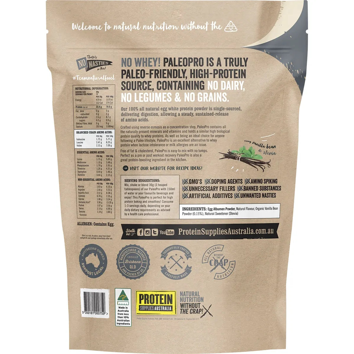 Paleo Pro Egg White Protein Vanilla Bean 400g back