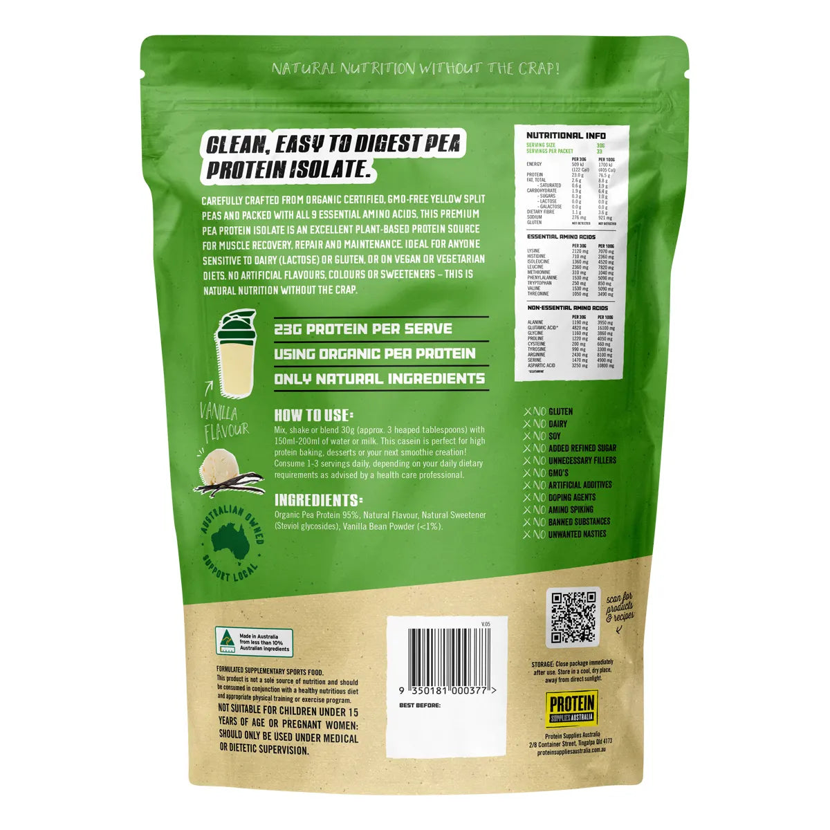 Protein Supplies Australia
Pea Protein Isolate Vanilla 1kg