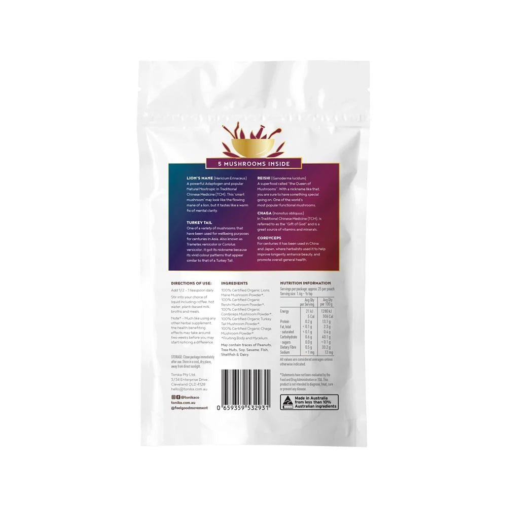 TONIKA ORGANIC MUSHROOM POWDER 5 MUSHROOM BLEND 90G