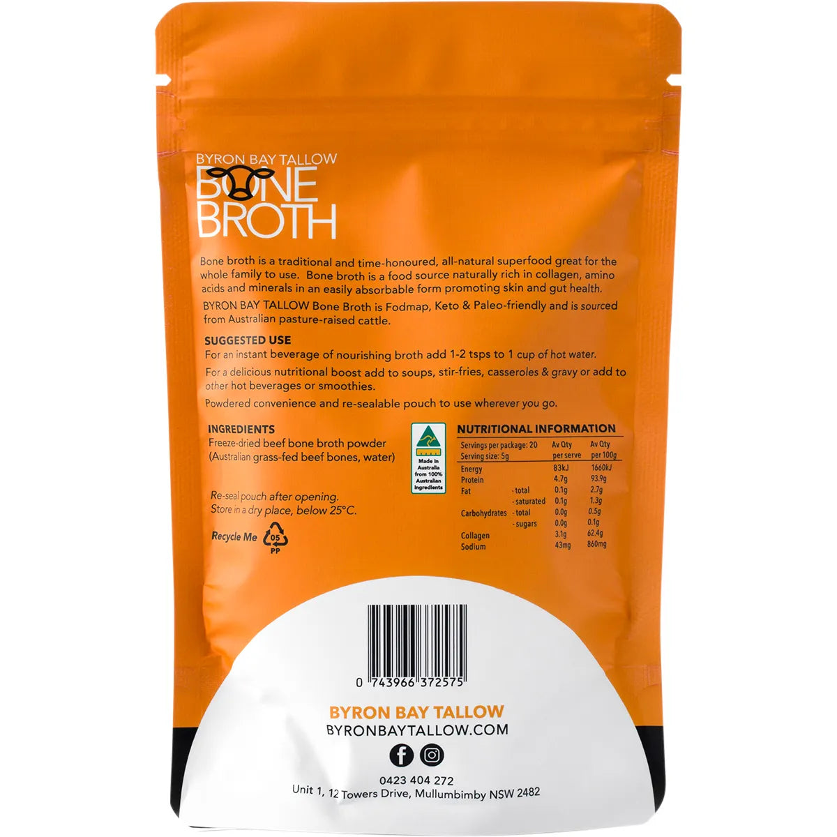 Byron Bay Tallow
Grass Fed Beef Bone Broth Powder 100g