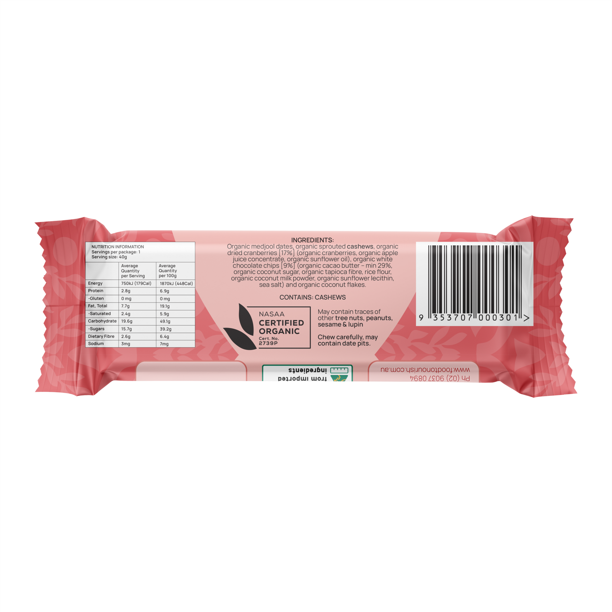 Bliss Bar White Choc Cranberry 40g back