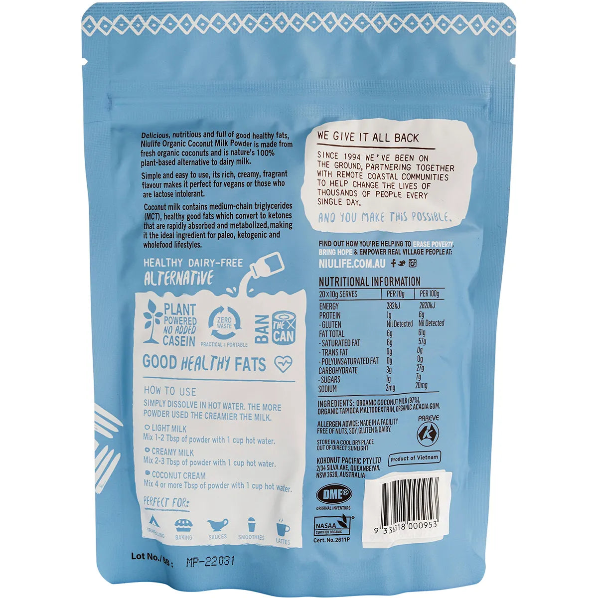 Coconut Milk Powder - Certified Organic 200g back