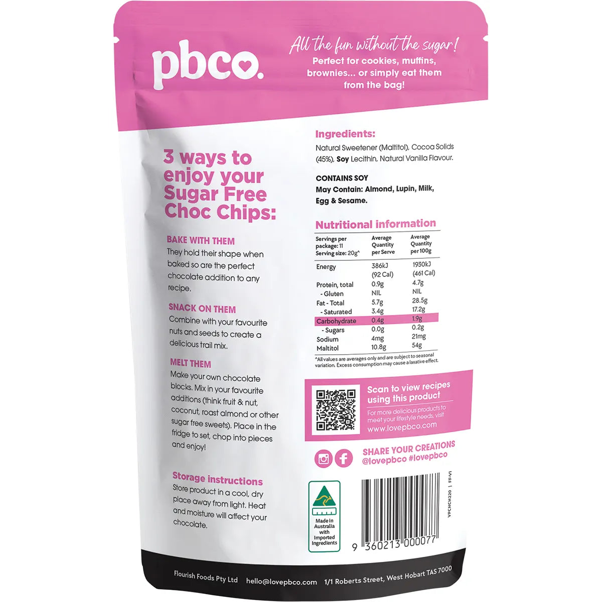 PBCo Chocolate Chips 98% Sugar Free 220g back