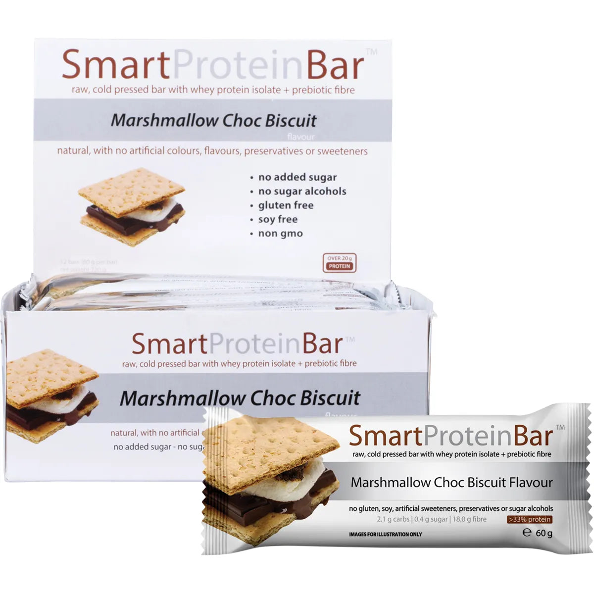 Smart protein bar Marshmallow Choc Biscuit Flavour Protein Bar 60g box